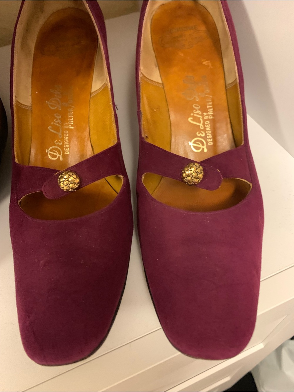 Maroon/plum Suede Mary Jane Heels, pumps with Decorative Gold Button.